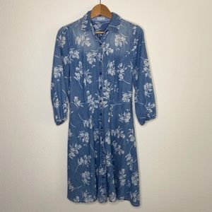 Denim Floral Midi Dress with 3/4 Sleeves & Pockets